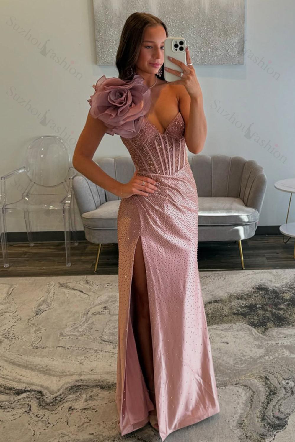 One Shoulder Floral Blush Prom Dress Corset Formal Dress With Slit