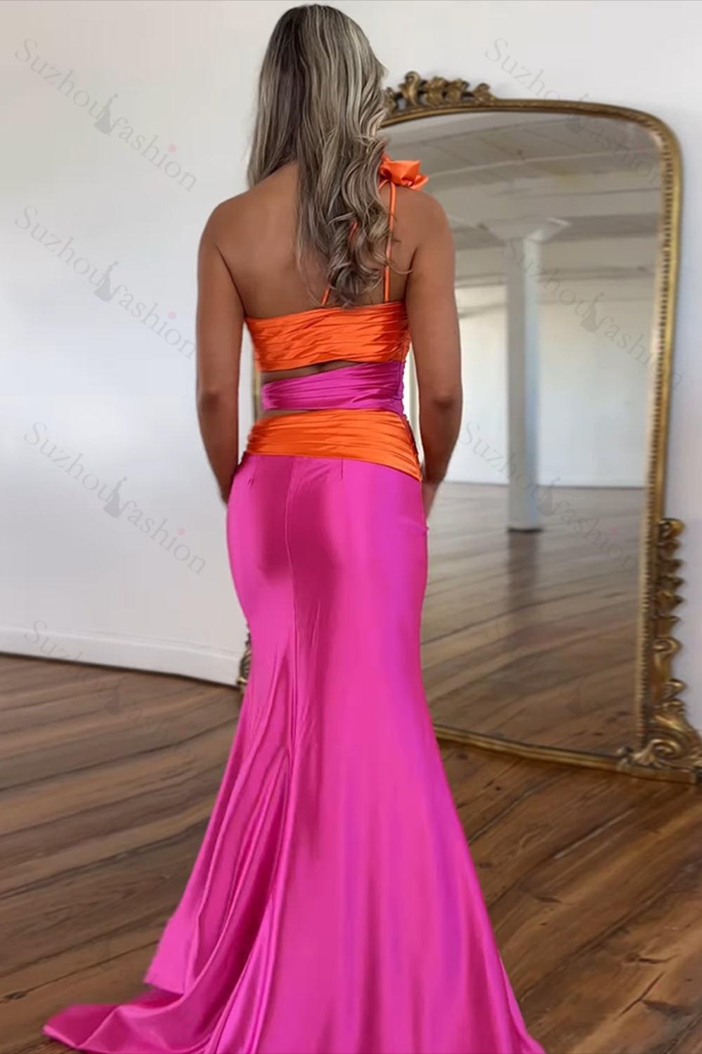 One Shoulder Fuchsia Prom Dress Cut Out Satin Long Formal Dress With Slit