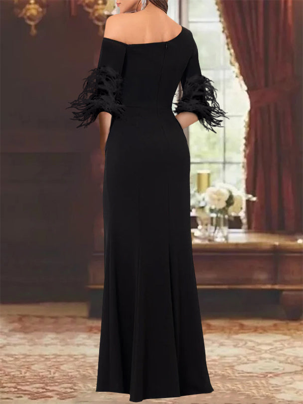 One Shoulder Long Sleeve Chiffon Trumpet Mermaid Mother of the Bride Dress with Feathers