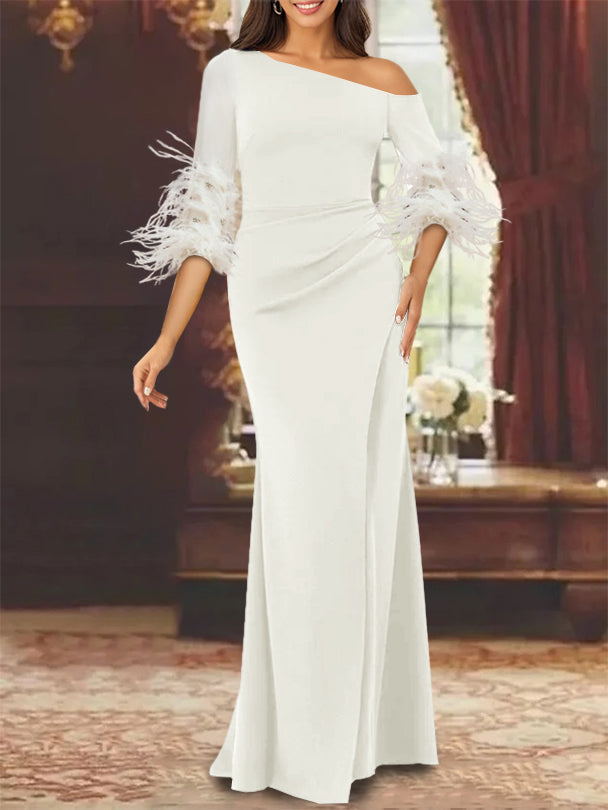 One Shoulder Long Sleeve Chiffon Trumpet Mermaid Mother of the Bride Dress with Feathers