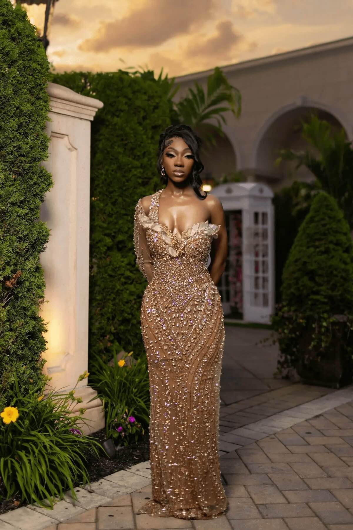 One Shoulder Long Sleeve Prom Dress Gold Beaded Formal Evening Dress