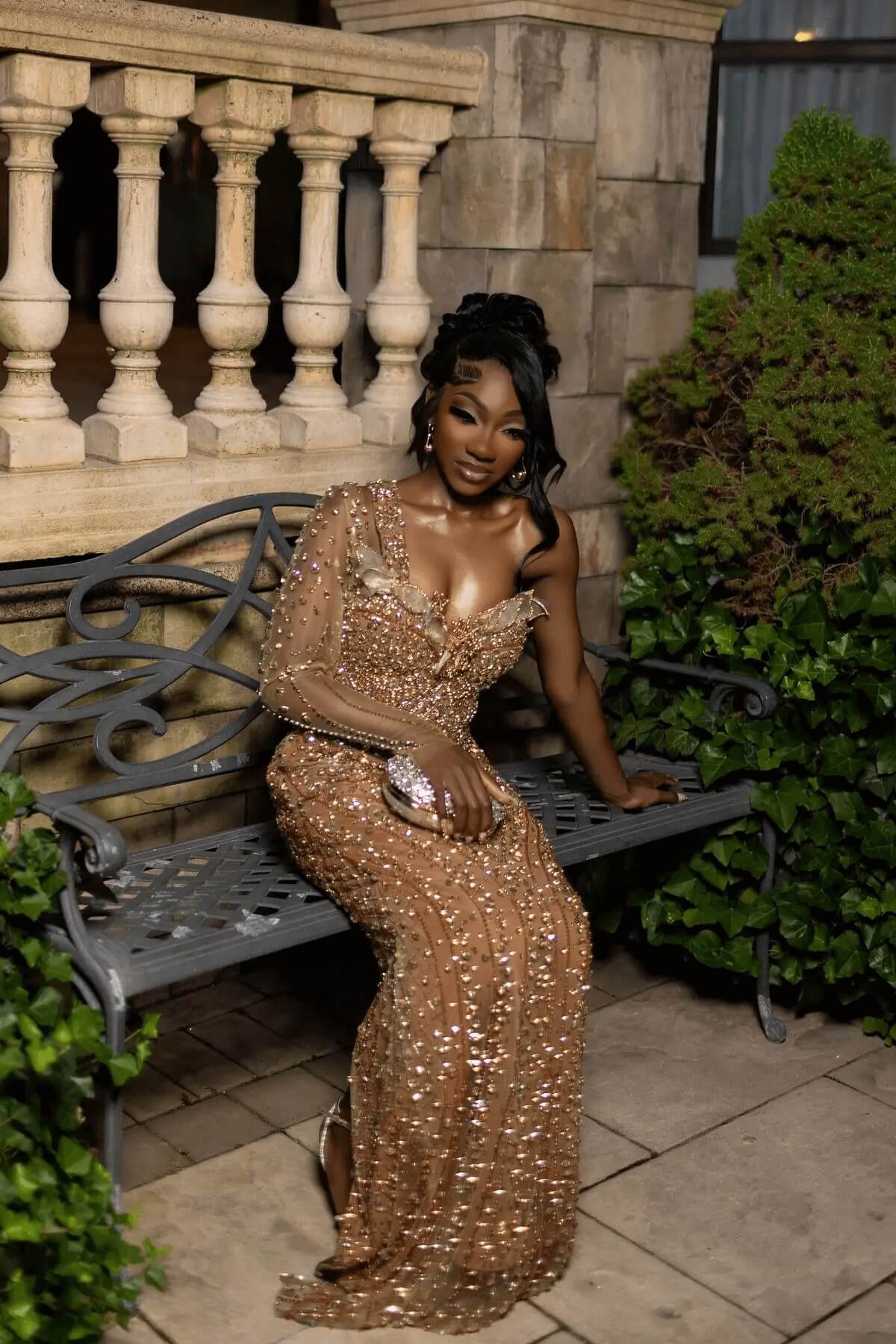 One Shoulder Long Sleeve Prom Dress Gold Beaded Formal Evening Dress
