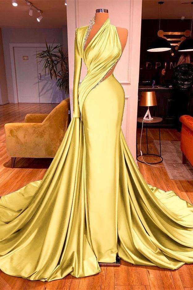 One Shoulder Long Sleeve Prom Dress Mermaid Evening Formal Dress with Beads