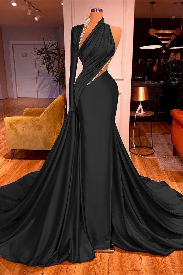 One Shoulder Long Sleeve Prom Dress Mermaid Evening Formal Dress with Beads