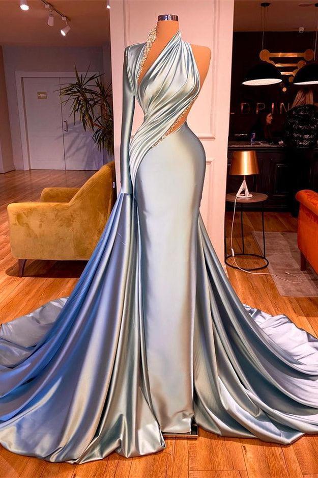 One Shoulder Long Sleeve Prom Dress Mermaid Evening Formal Dress with Beads