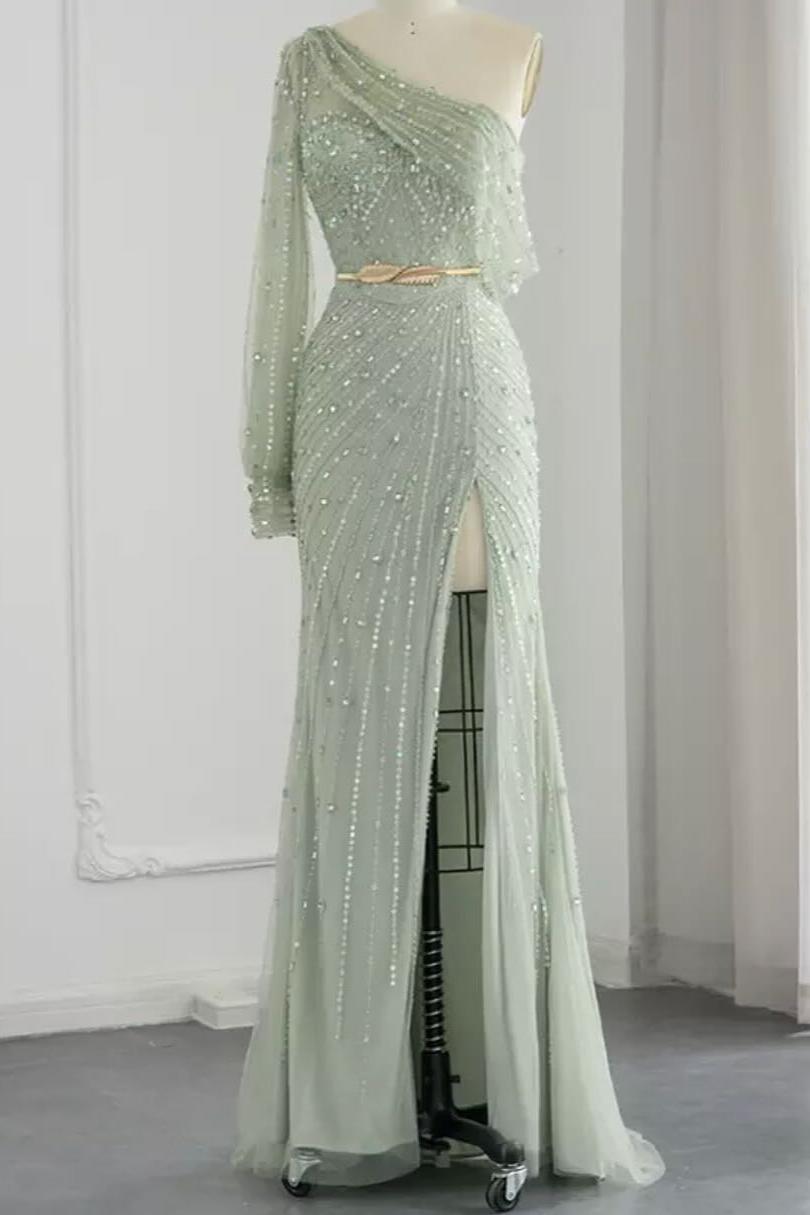 One Shoulder Long Sleeve Sage Prom Dress Beading Long Evening Formal Dress