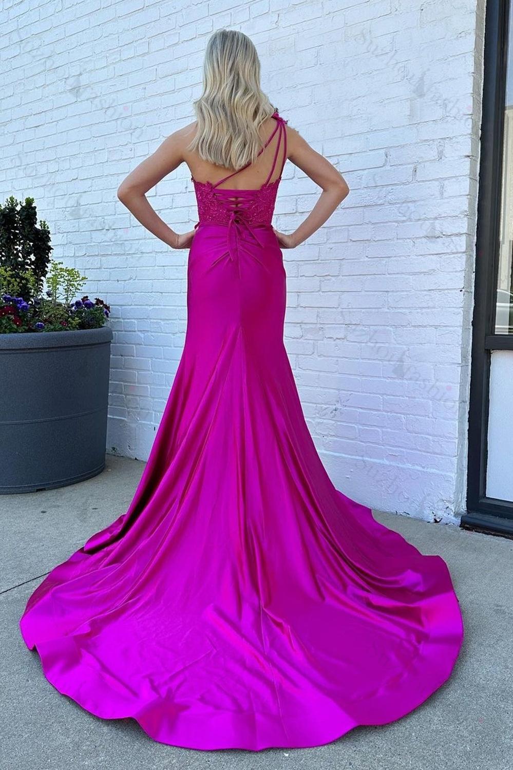 One Shoulder Mermaid Royal Blue Prom Dress Satin Long Formal Dress With Slit