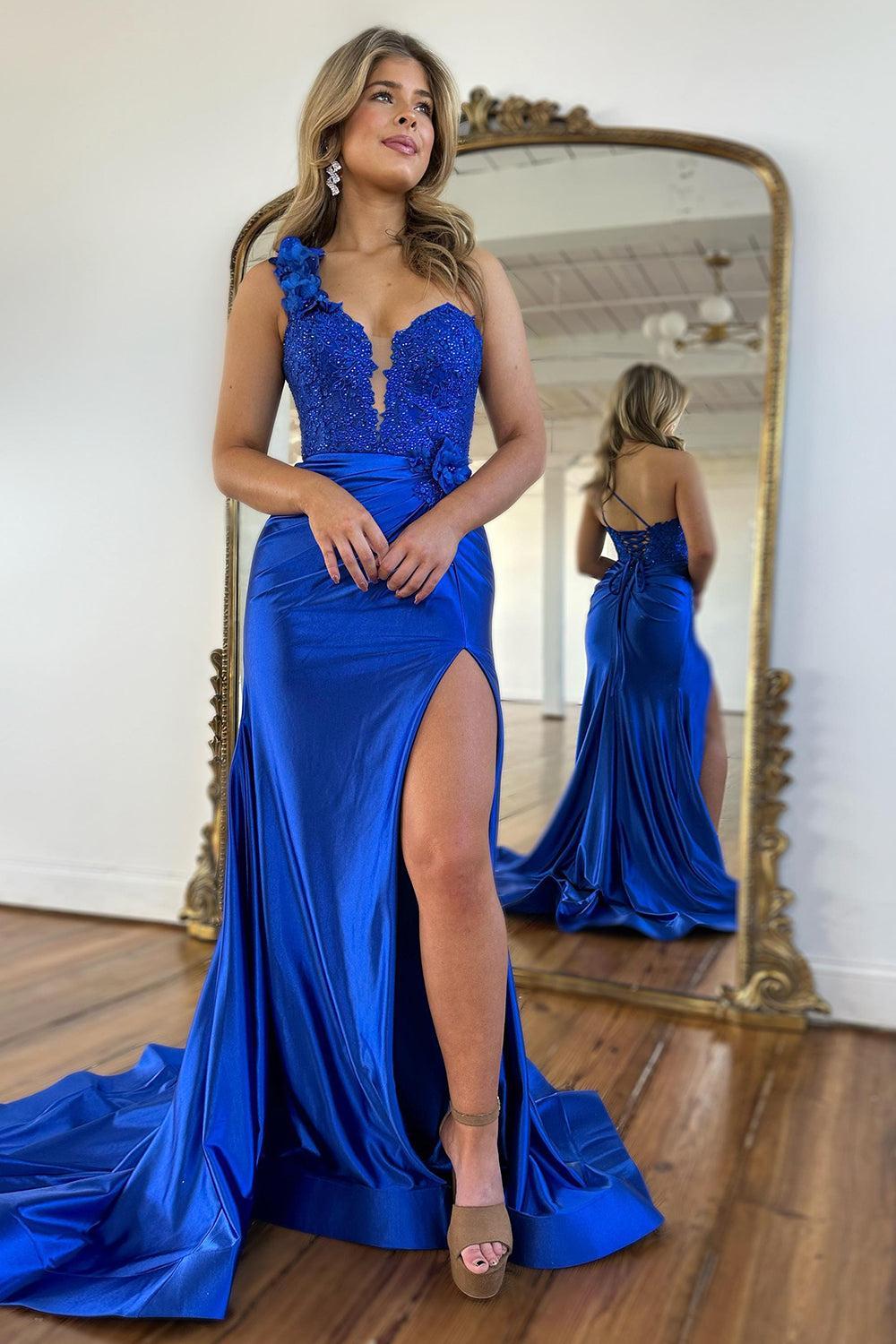 One Shoulder Mermaid Royal Blue Prom Dress Satin Long Formal Dress With Slit