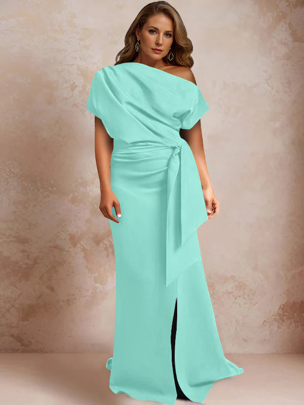 One Shoulder Mermaid Trumpet Gown with Ruffles and Side Split for Plus Size Mothers of the Bride