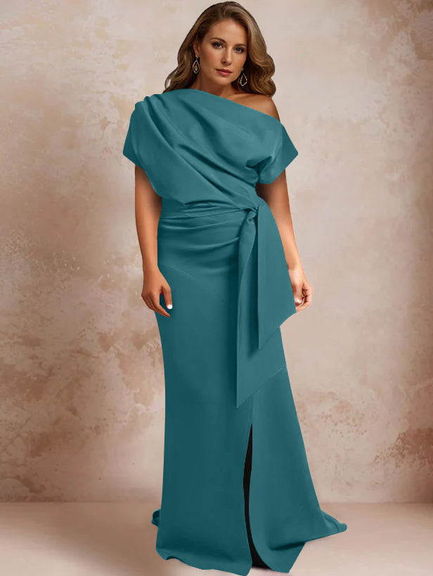 One Shoulder Mermaid Trumpet Gown with Ruffles and Side Split for Plus Size Mothers of the Bride