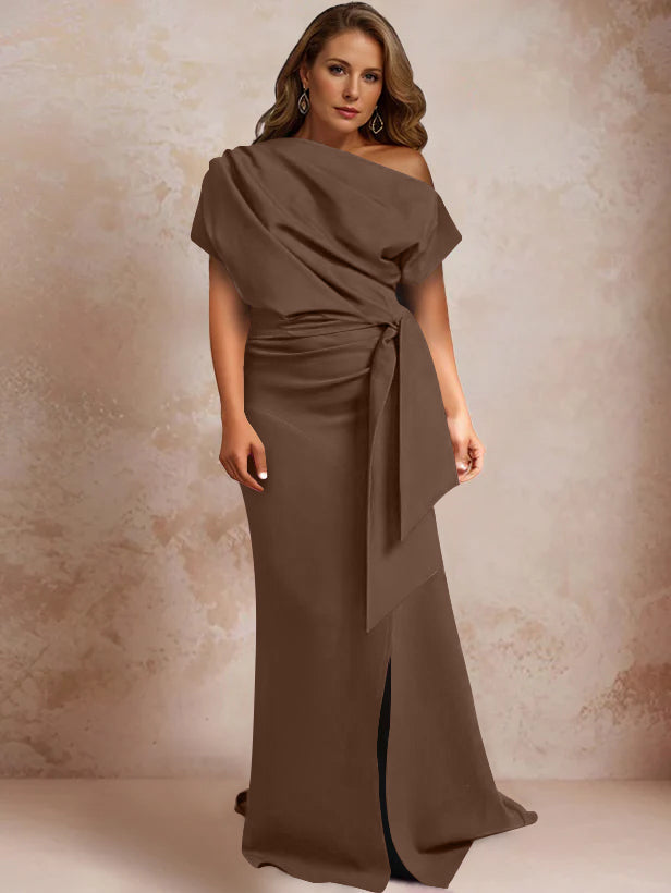 One Shoulder Mermaid Trumpet Gown with Ruffles and Side Split for Plus Size Mothers of the Bride