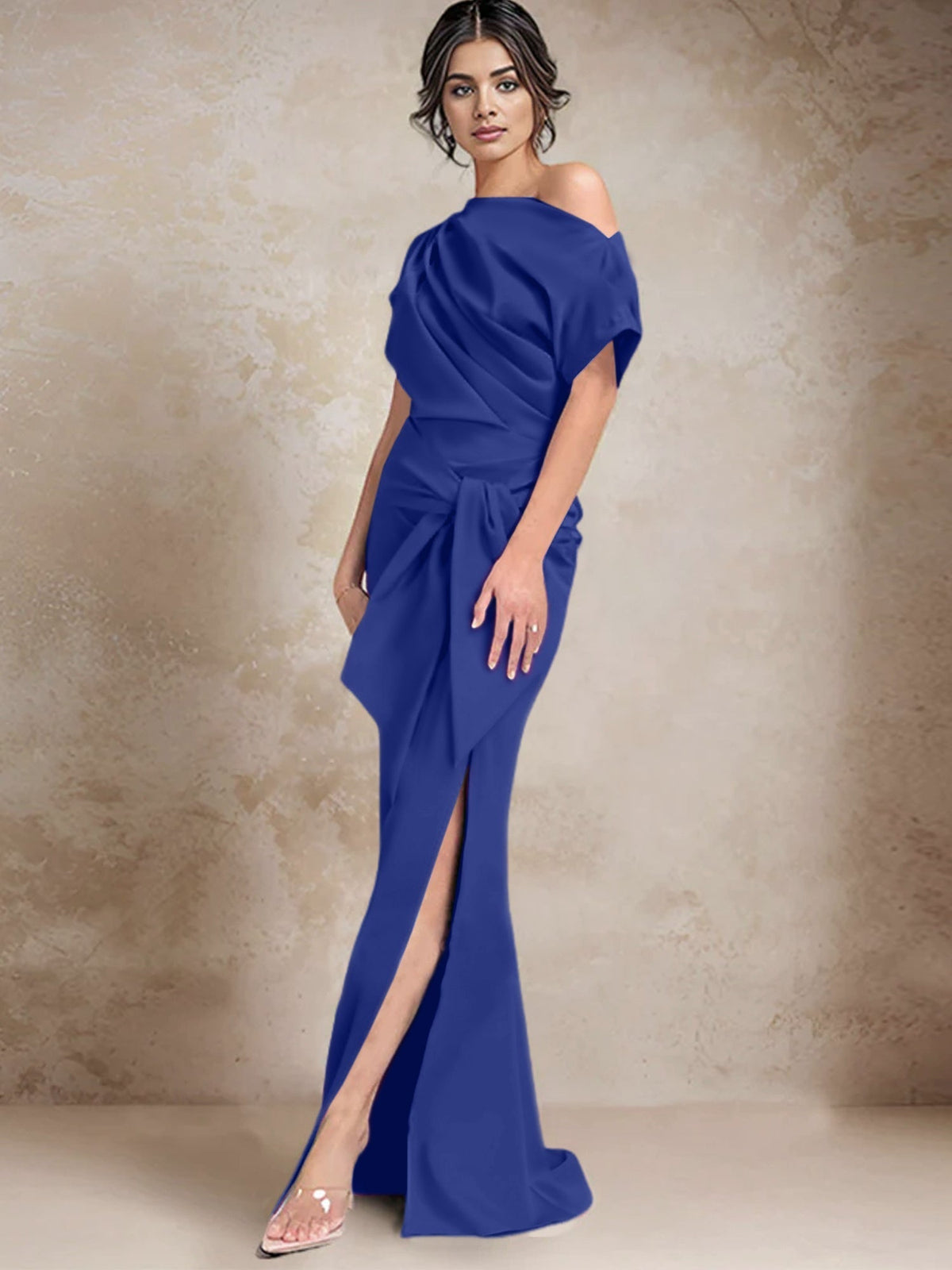 One Shoulder Mermaid Trumpet Mother of the Bride Dress Featuring a Side Split