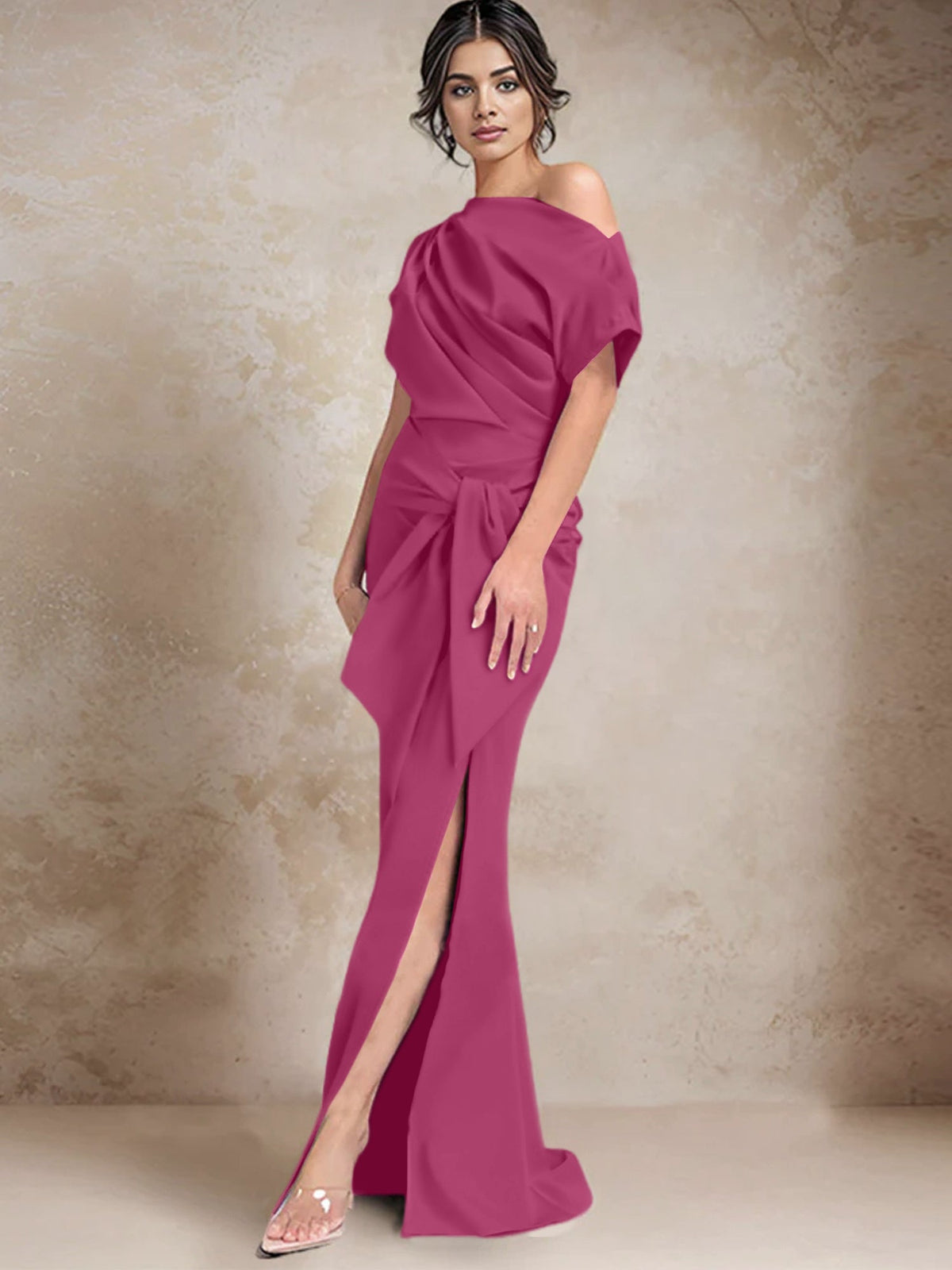 One Shoulder Mermaid Trumpet Mother of the Bride Dress Featuring a Side Split