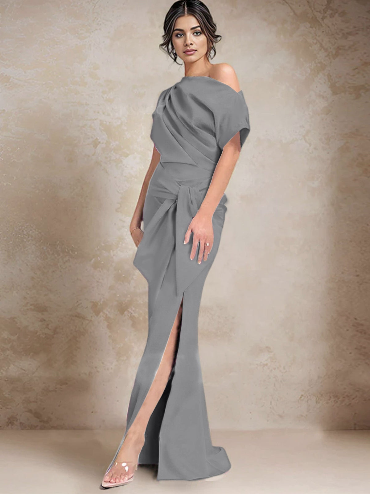 One Shoulder Mermaid Trumpet Mother of the Bride Dress Featuring a Side Split