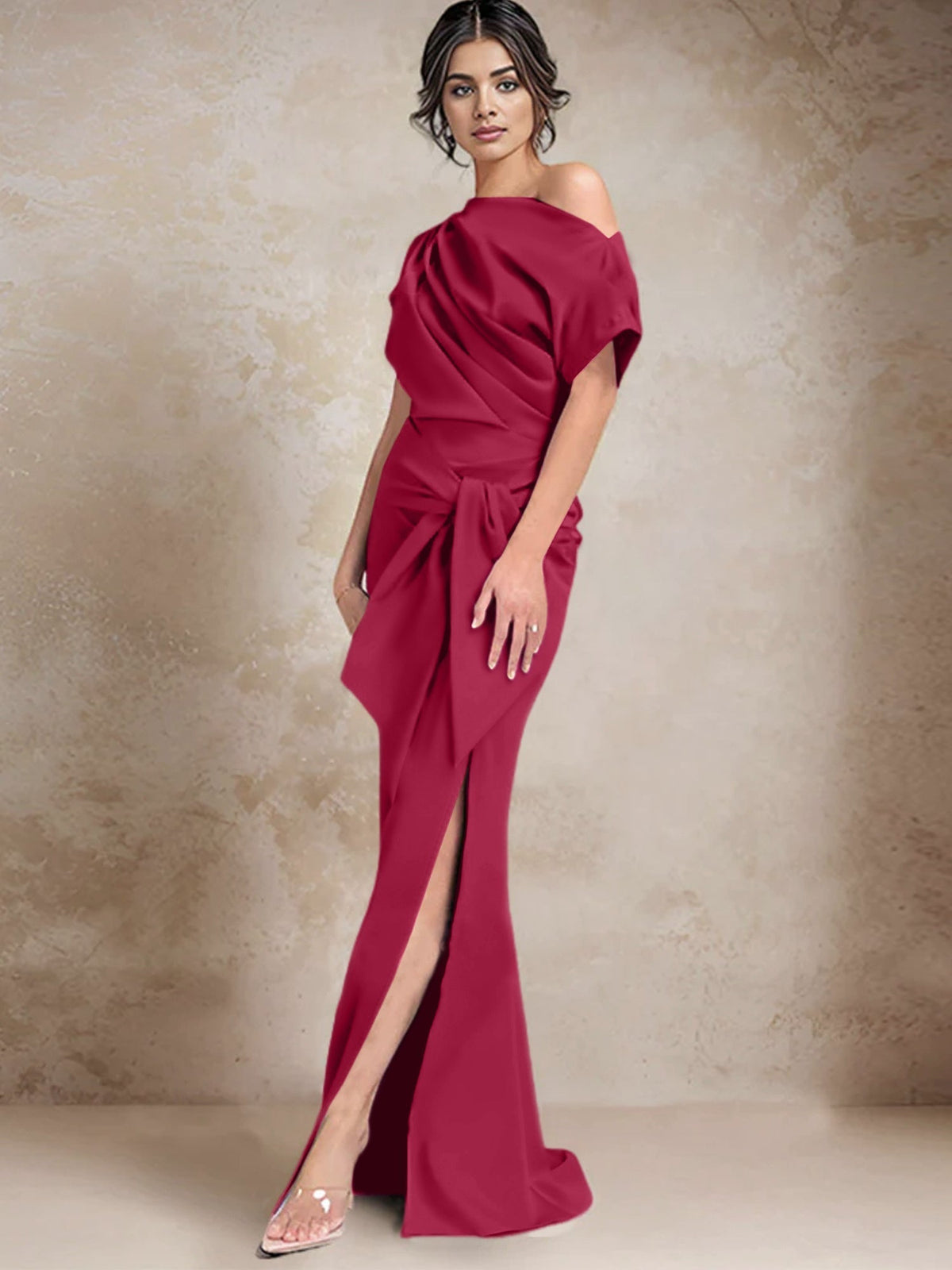 One Shoulder Mermaid Trumpet Mother of the Bride Dress Featuring a Side Split