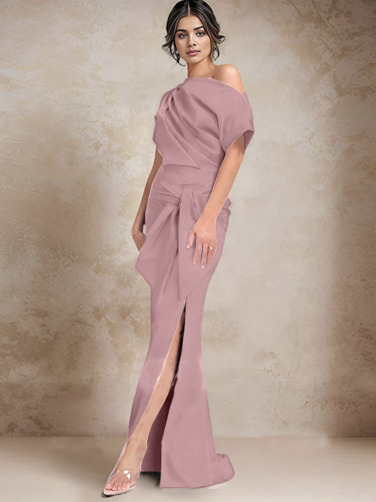 One Shoulder Mermaid Trumpet Mother of the Bride Dress Featuring a Side Split