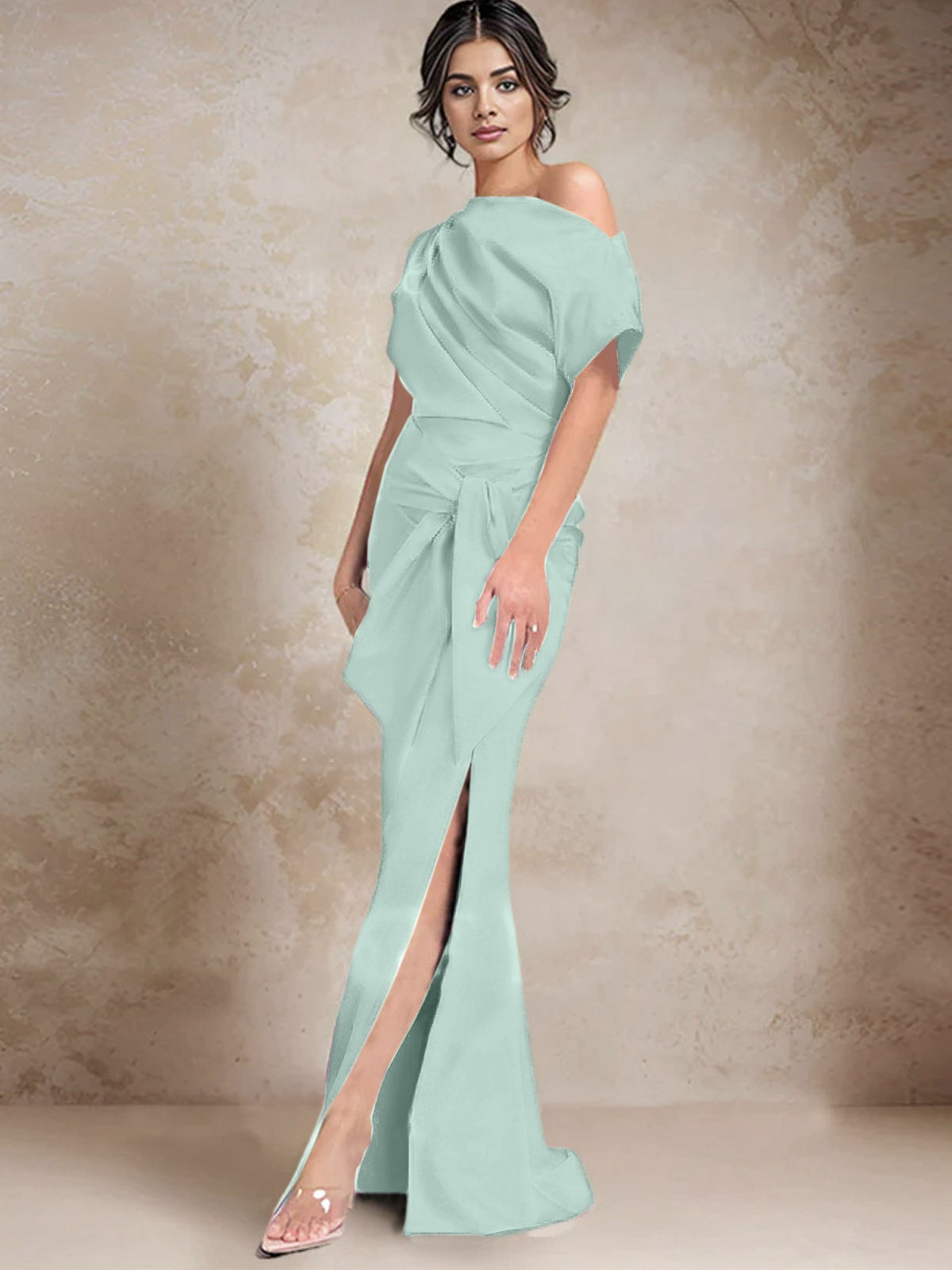 One Shoulder Mermaid Trumpet Mother of the Bride Dress Featuring a Side Split