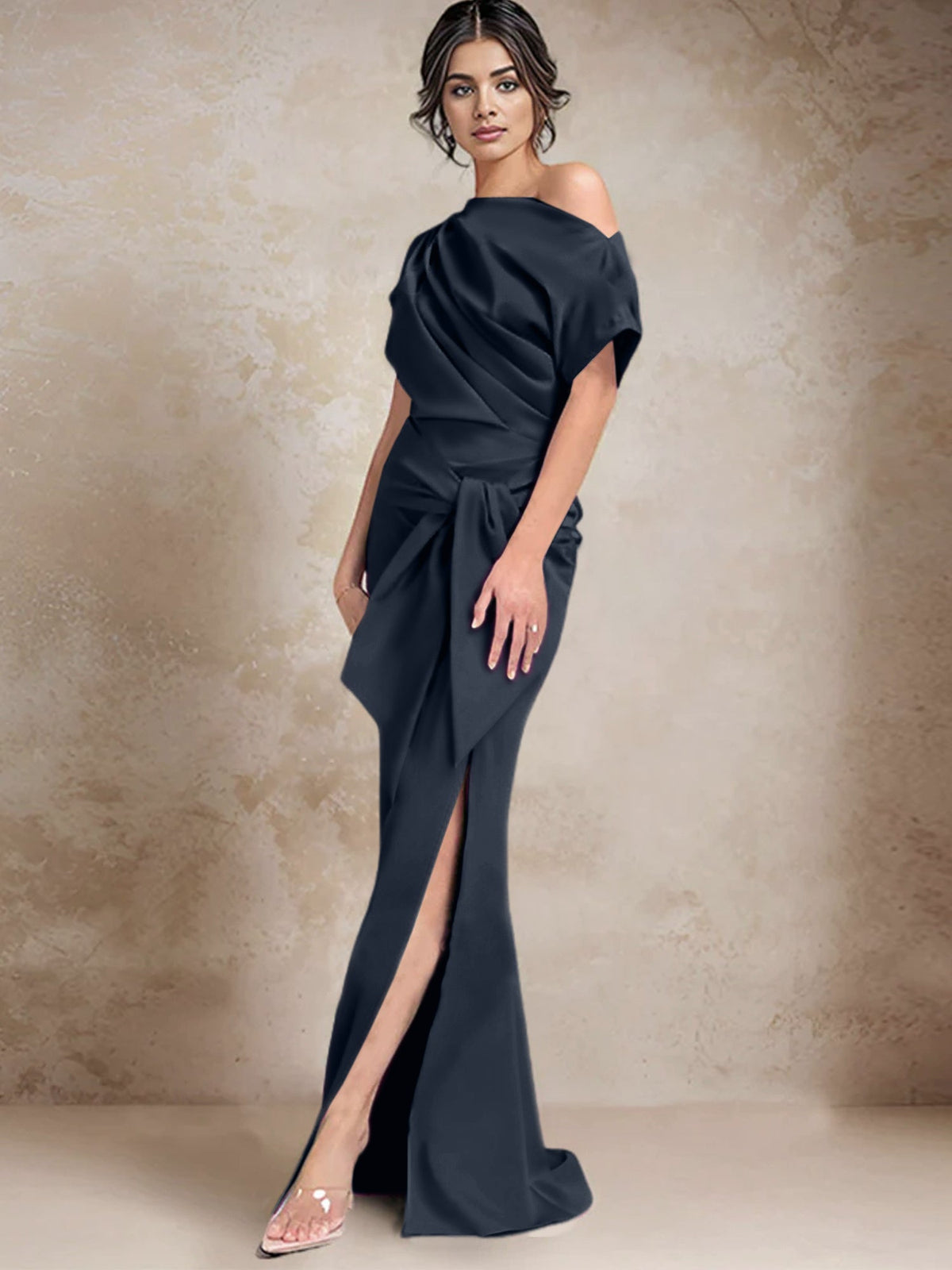 One Shoulder Mermaid Trumpet Mother of the Bride Dress Featuring a Side Split