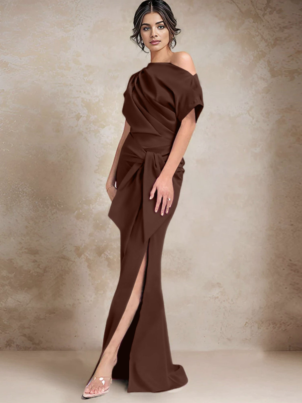 One Shoulder Mermaid Trumpet Mother of the Bride Dress Featuring a Side Split