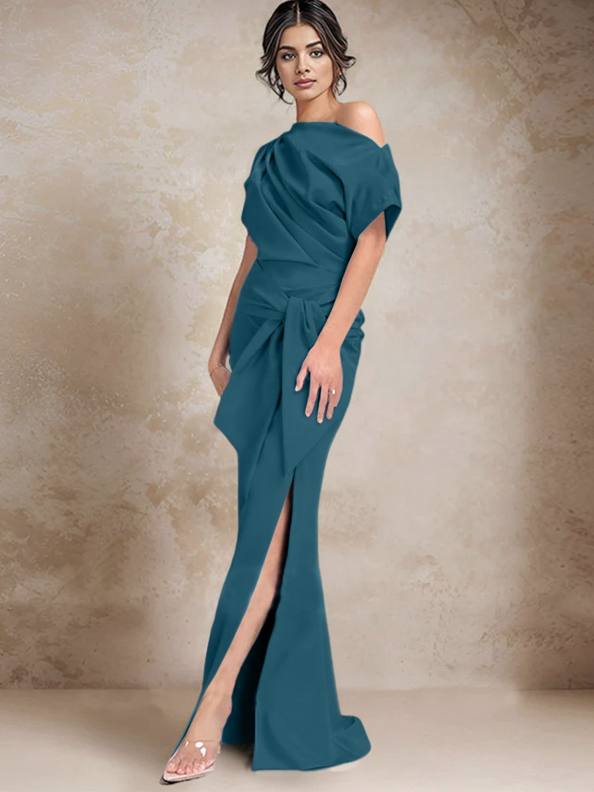 One Shoulder Mermaid Trumpet Mother of the Bride Dress Featuring a Side Split
