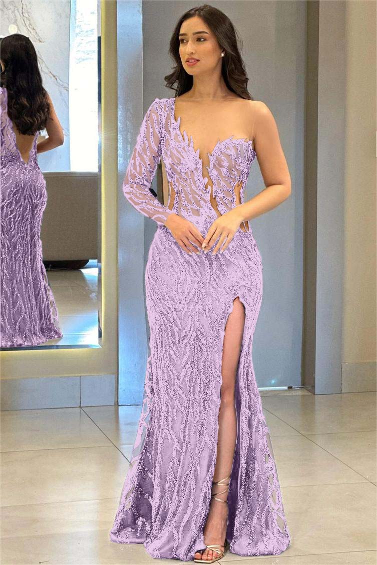 One Shoulder One Long Sleeve Backless Mermaid Split Evening Formal Dress With Appliques