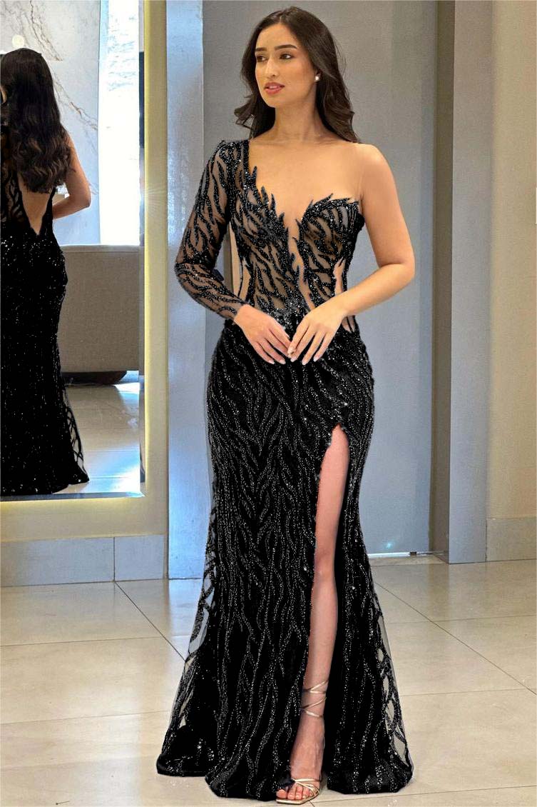 One Shoulder One Long Sleeve Backless Mermaid Split Evening Formal Dress With Appliques