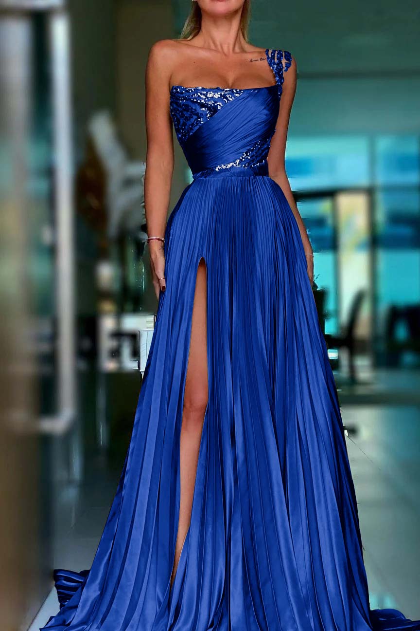 One Shoulder Prom Dress Gold Sequined Sleeveless Long Evening Formal Dress With High Split