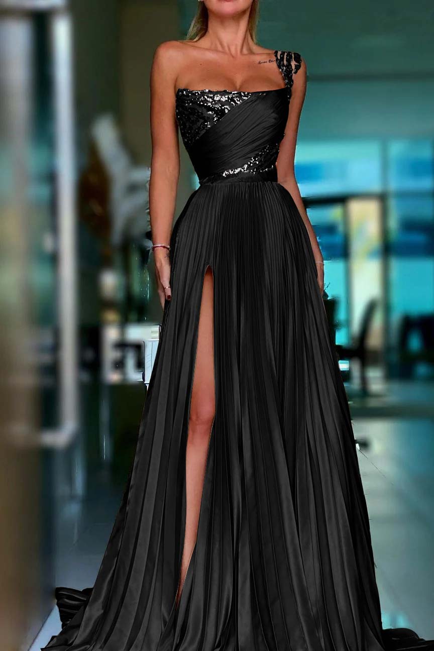 One Shoulder Prom Dress Gold Sequined Sleeveless Long Evening Formal Dress With High Split