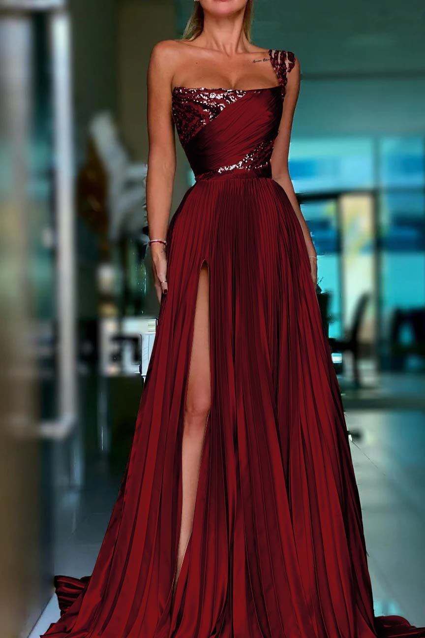 One Shoulder Prom Dress Gold Sequined Sleeveless Long Evening Formal Dress With High Split