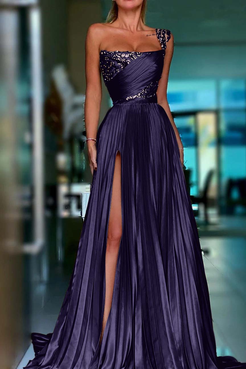One Shoulder Prom Dress Gold Sequined Sleeveless Long Evening Formal Dress With High Split