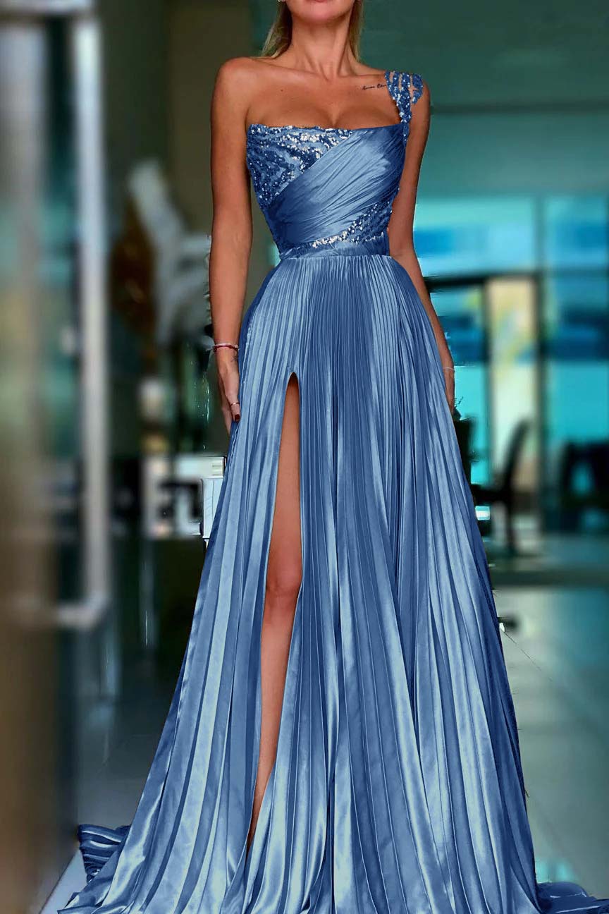 One Shoulder Prom Dress Gold Sequined Sleeveless Long Evening Formal Dress With High Split