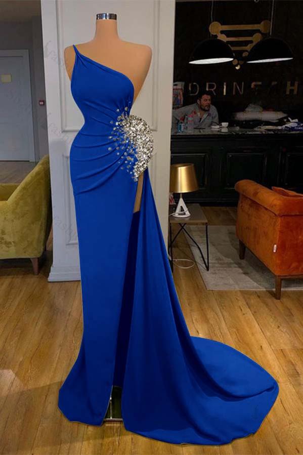 One Shoulder Prom Dress Green Sleeveless Mermaid Long Evening Formal Dress With Split