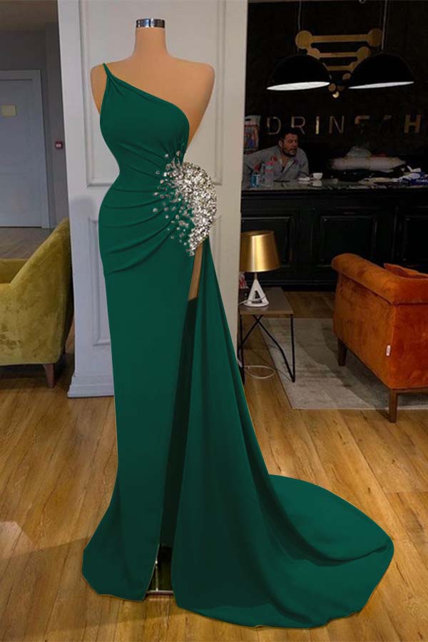 One Shoulder Prom Dress Green Sleeveless Mermaid Long Evening Formal Dress With Split