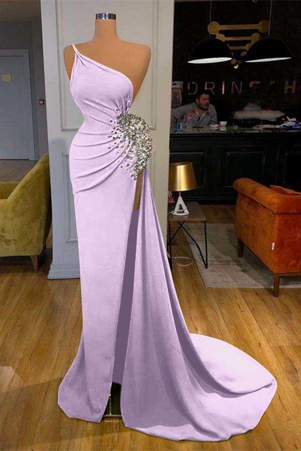 One Shoulder Prom Dress Green Sleeveless Mermaid Long Evening Formal Dress With Split