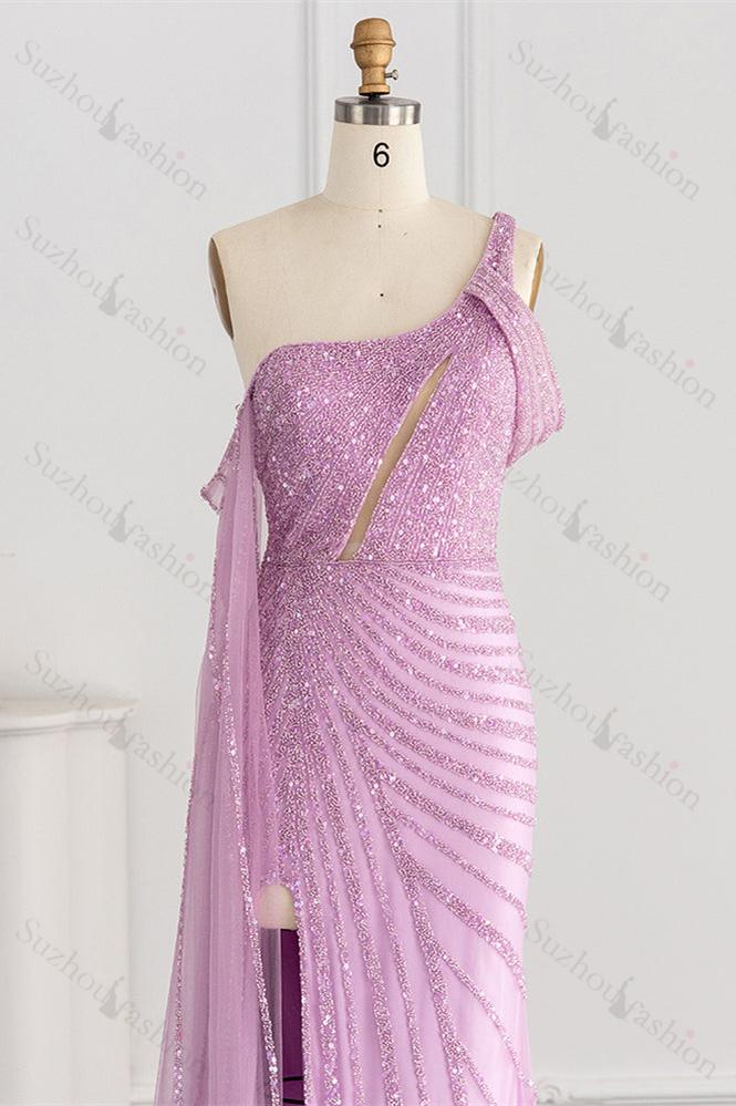 One Shoulder Prom Dress Mermaid Evening Formal Dress Split With Sequins