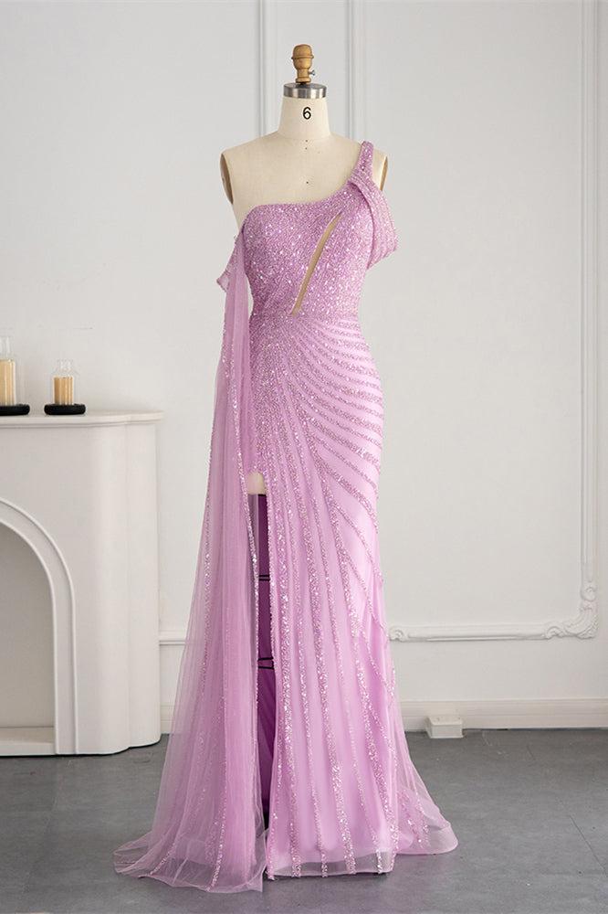 One Shoulder Prom Dress Mermaid Evening Formal Dress Split With Sequins