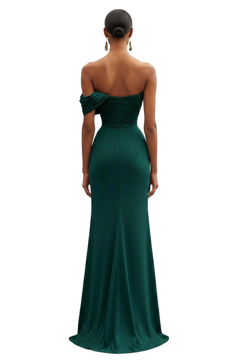 One Shoulder Ruched Mermaid Dark Green Wedding Guest Dress Long Formal Dress