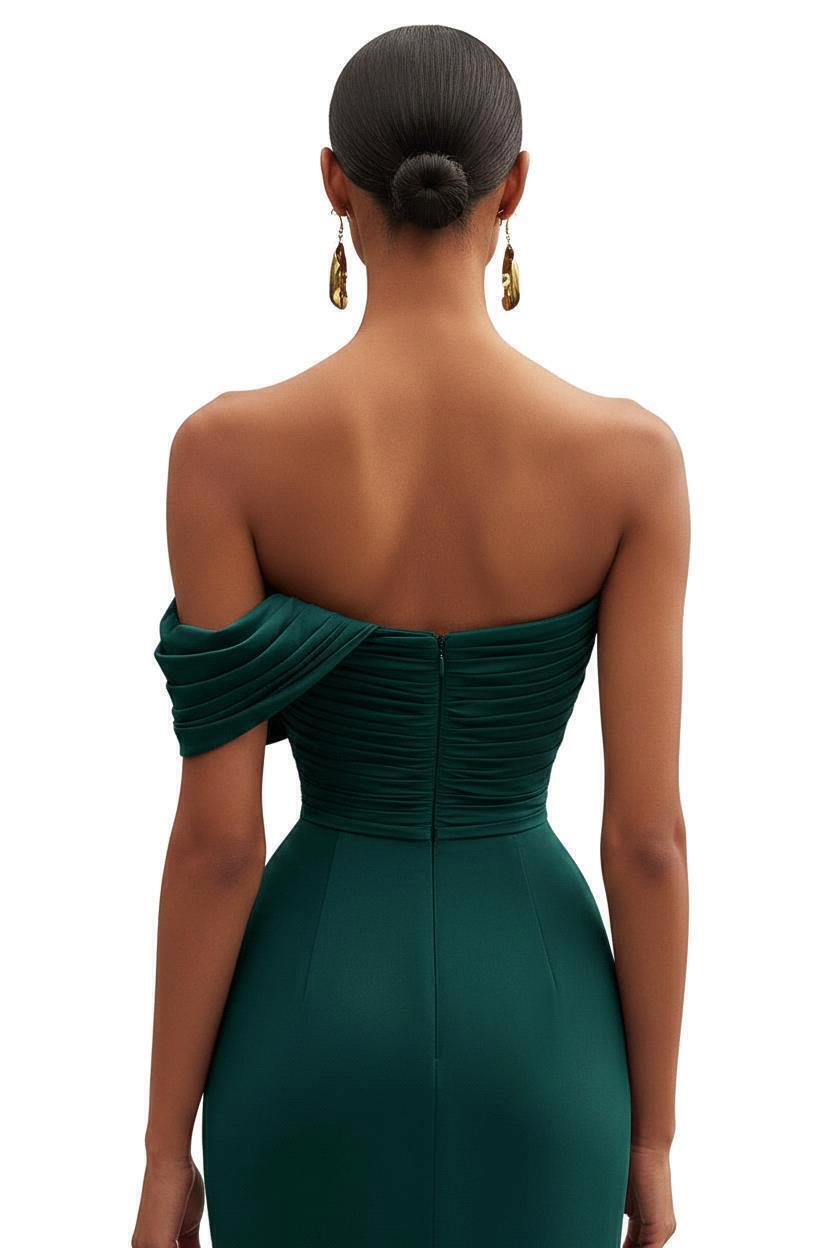 One Shoulder Ruched Mermaid Dark Green Wedding Guest Dress Long Formal Dress