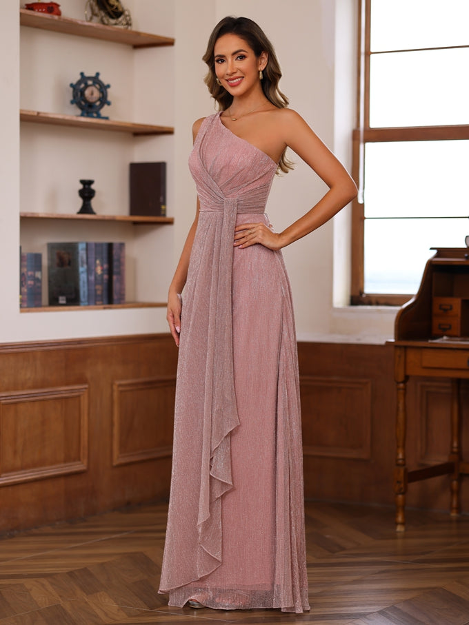 One Shoulder Ruffled Long A Line Mother of the Bride Dress