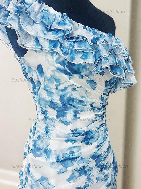 Suzhoufashion One Shoulder Ruffled Ruched Empire Floral Homecoming Dress