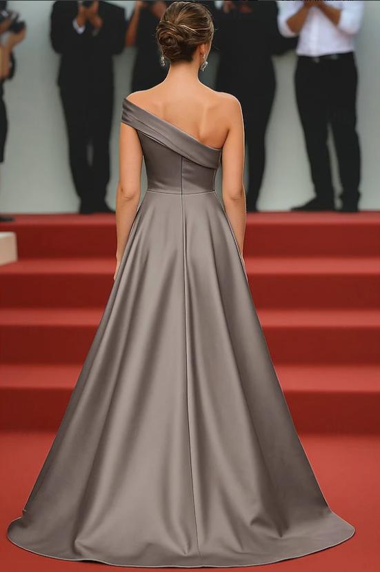 One Shoulder Satin A Line Steel Grey Long Gala Dress