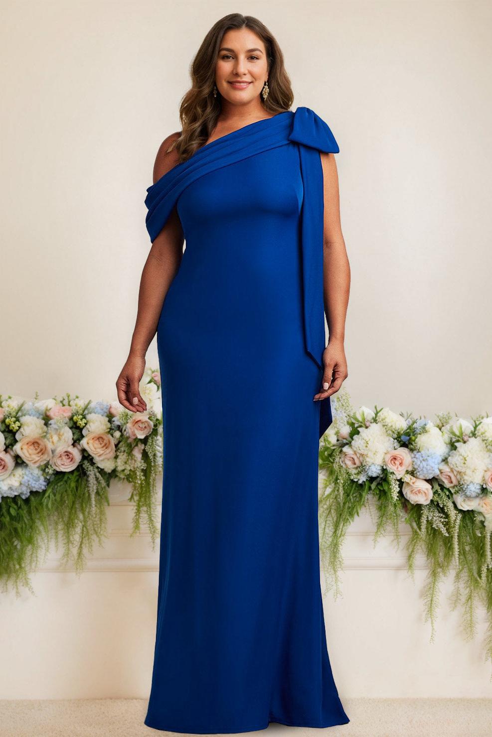 One Shoulder Satin Long Plus Size Mother of the Bride Gown with Bow