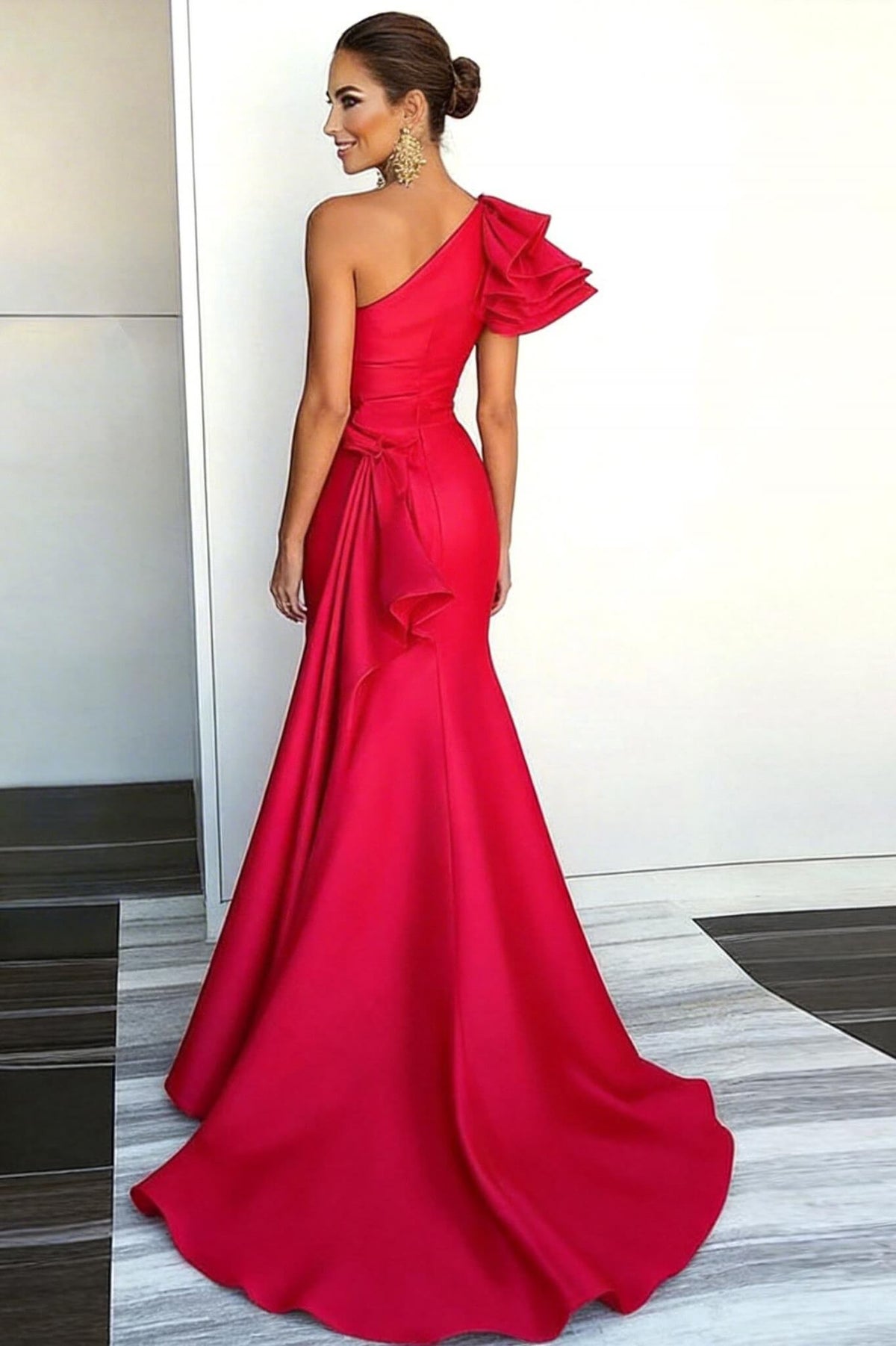One Shoulder Sheath Watermelon Gala Dress With Cape