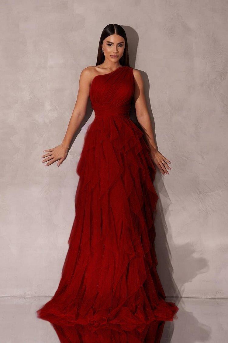 One Shoulder Sleeveless Long Evening Formal Dress With Tulle Ruffle