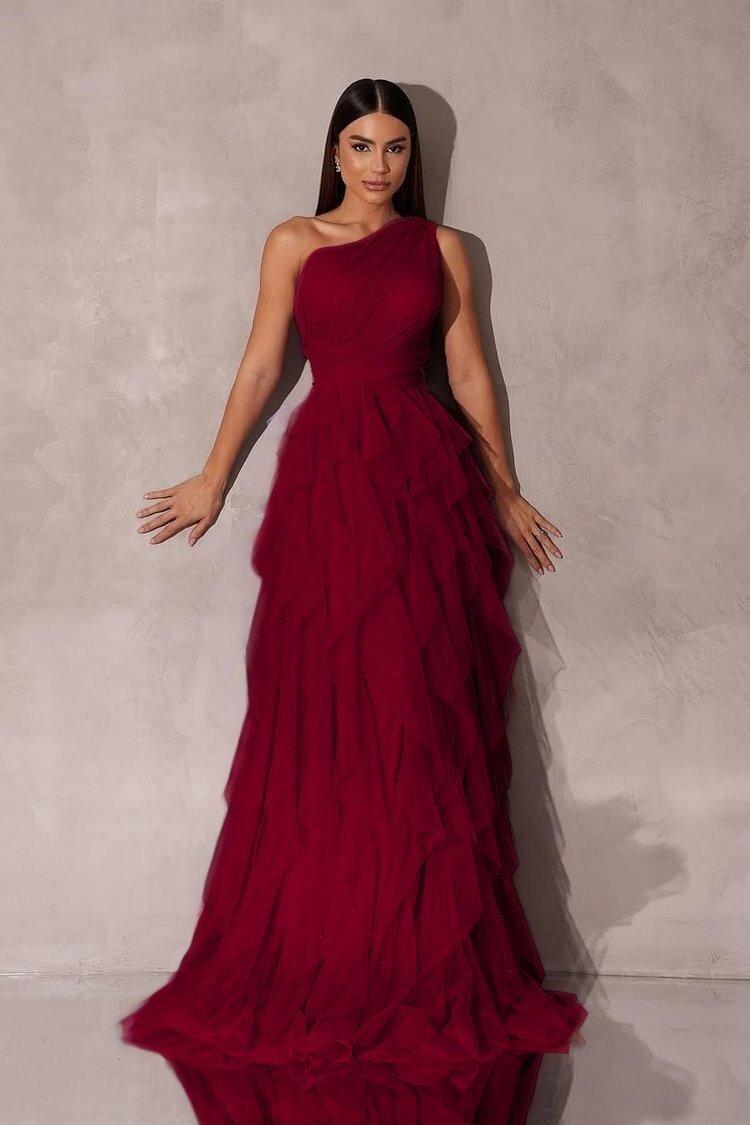One Shoulder Sleeveless Long Evening Formal Dress With Tulle Ruffle