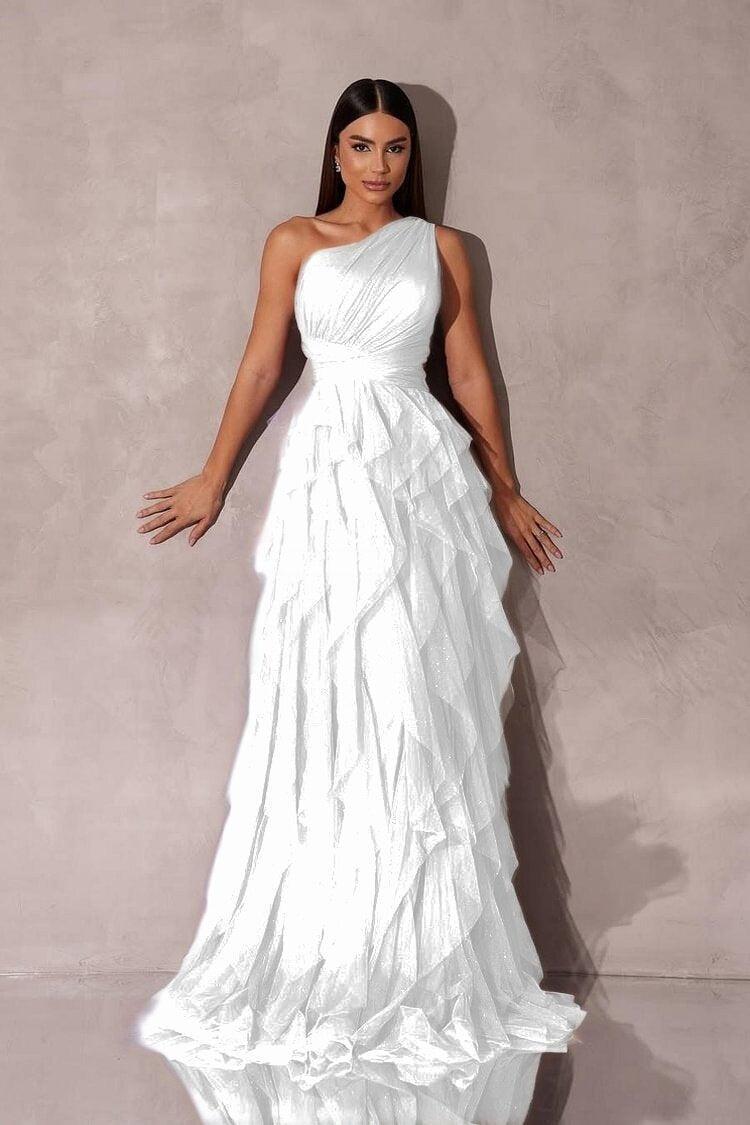One Shoulder Sleeveless Long Evening Formal Dress With Tulle Ruffle