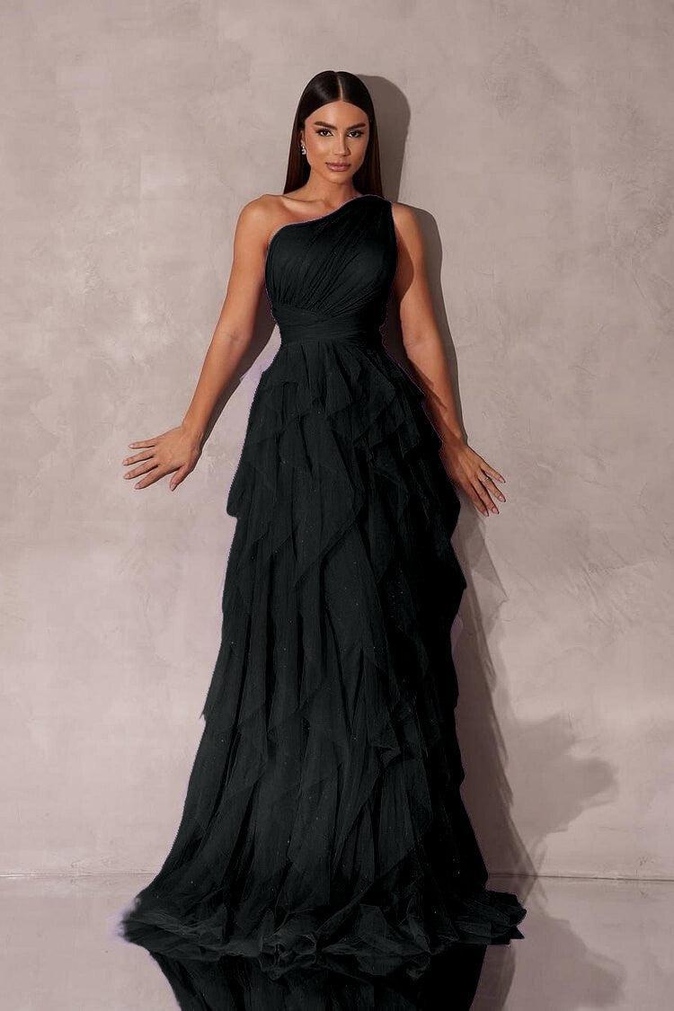 One Shoulder Sleeveless Long Evening Formal Dress With Tulle Ruffle