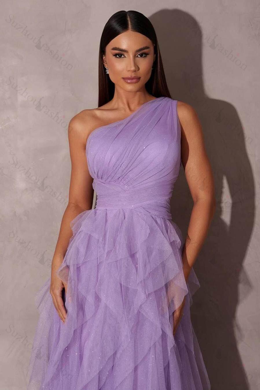 One Shoulder Sleeveless Long Evening Formal Dress With Tulle Ruffle