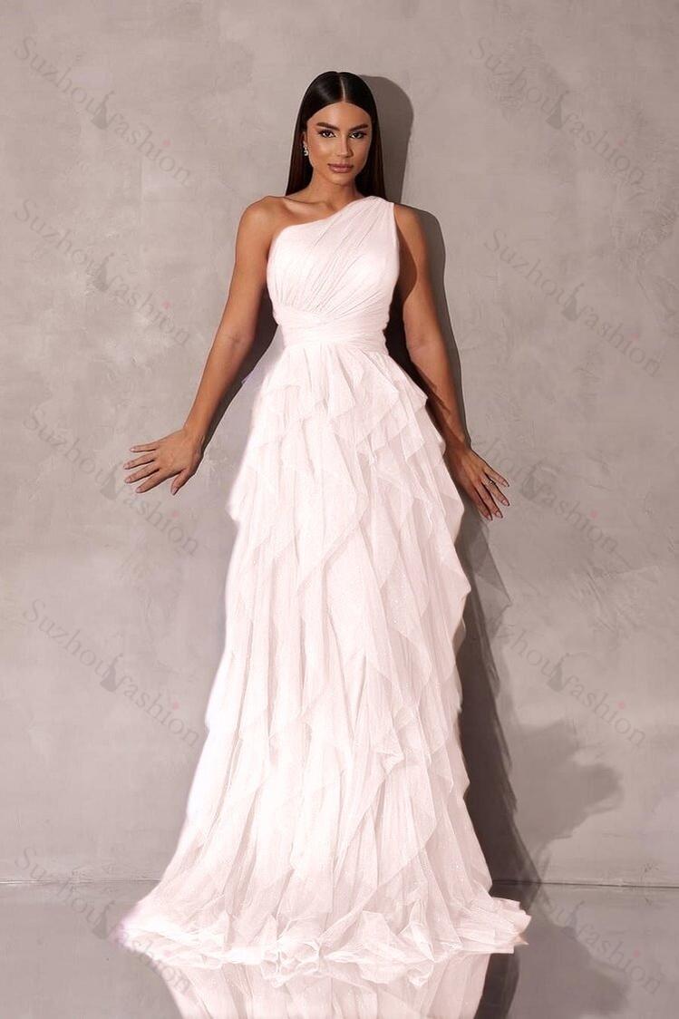 One Shoulder Sleeveless Long Evening Formal Dress With Tulle Ruffle