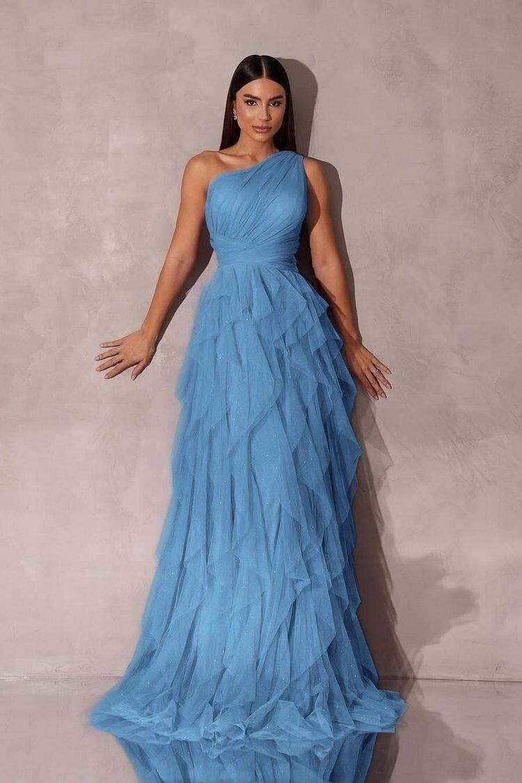 One Shoulder Sleeveless Long Evening Formal Dress With Tulle Ruffle